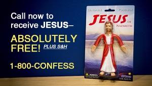 Plastic action figure of Jesus with infomercial text