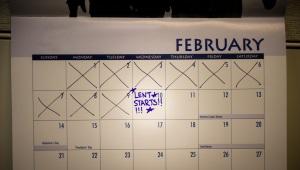 a February wall calendar with days crossed out