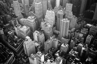 An aerial view of high rise buildings