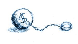 Drawing of ball and chain with money symbol on it