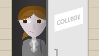 Cartoon of young woman walking through door labeled "College"