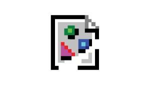 Pixelated broken image icon: sheet of grey paper with colorful shapes and one corner torn off 