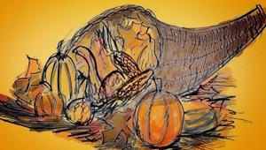 Sketch of Thanksgiving cornucopia with pumpkins, leaves, and gourds