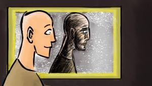 a cartoon drawing of a person looking in a mirror and seeing a darkened reflection