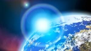 The earth in space with a brilliant blue light emerging behind it.