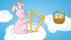 Cartoon Easter bunny playing harp on cloud next to Easter eggs