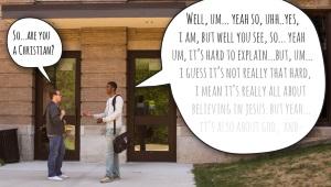 two people standing face to face awkwardly sharing the gospel