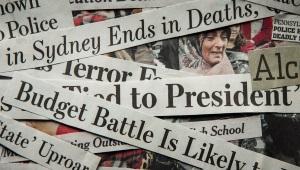 a collage of newspaper headlines