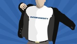 a graphic outline of a person putting on a blazer jacket and wearing a t-shirt reading "InterVarsity"