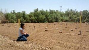 A person kneeling in a dusty desert landscape