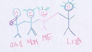 Crayon drawing with four stick figures labeled Dad, Mom, Me, Lisa