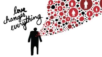 Silhouette of person with bunch of red and black circles flowing from her heart with other figures in the circles. The words "Love Changes Everything" are written in the background.