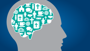 Outline of a person's head. The brain is in green and contains icons like crosses, bibles, churches, and people