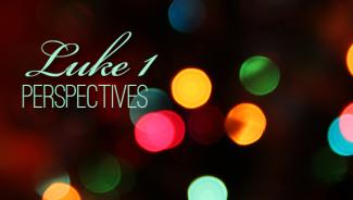 Blurred Christmas lights with words "Luke 1 Perspectives"