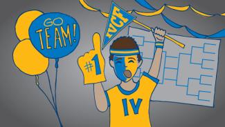 Drawing of student wearing IV blue and yellow jersey, holding bracket, balloons, and giant #1 foam finger