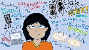 a cartoon drawing of a woman with sound and noise graphics all around her