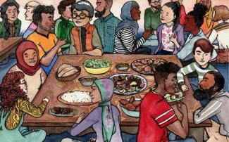 Drawing of diverse group of students sharing meal together