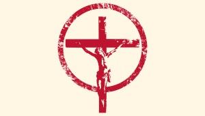 Image of Jesus on the cross within a circle, all in red ink