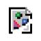 Pixelated broken image icon: sheet of grey paper with colorful shapes and one corner torn off 