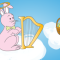 Cartoon Easter bunny playing harp on cloud next to Easter eggs