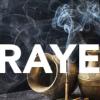 One urn turned on its side and one urn upright with stick of incense and the word "Prayer" across the image