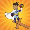 Drawing of cartoon man in superhero costume: wearing white cape, ichthys on chest, holding a bouquet of roses