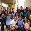 Group photo of diverse students outside on campus