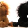 two stuffed horse dolls, one brown and the other black, facing in opposite directions