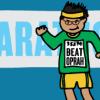 Cartoon drawing of man in running gear with "Beat Oprah" on competition number. The word "Marathon" is written across a white banner in the background.