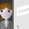 Cartoon of young woman walking through door labeled "College"