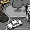 a drawing of a white car at the front of a line of other dark-colored cars