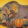 Sketch of Thanksgiving cornucopia with pumpkins, leaves, and gourds