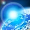 The earth in space with a brilliant blue light emerging behind it.