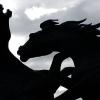 Silhouette of two horses fighting each other against cloudy sky