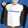 a graphic outline of a person putting on a blazer jacket and wearing a t-shirt reading "InterVarsity"