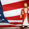 Jesus action figure standing in front of American flag backdrop