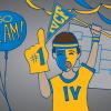 Drawing of student wearing IV blue and yellow jersey, holding bracket, balloons, and giant #1 foam finger