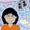 Drawing of person frowning being bombarded by texts, computers, and distractions