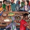 Drawing of diverse group of students sharing meal together