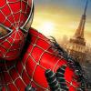 Spider-Man close-up with cityscape in background