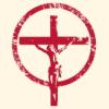 Image of Jesus on the cross within a circle, all in red ink