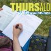 Young woman sitting outside reading Scripture and taking notes with the words "Thursalonians 2 Thessalonians 3:6-15." 