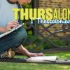 Student seated on bench studying Bible with notebook in lap with "Thursalonians: 1 Thessalonians 4:1-8" in background