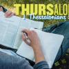 Student studying Bible with notebook in lap with "Thursalonians: 1 Thessalonians 1:4-10" in background