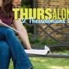 Young woman sitting outside reading Scripture and taking notes with the words "Thursalonians 2 Thessalonians 3:6-15." 