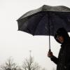 Person wearing raincoat, holding umbrella